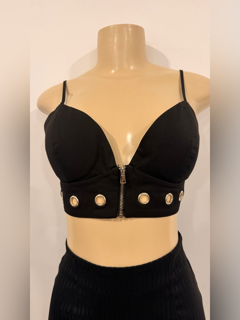 bebe Black Grommet Zip-Front Bralette NWOT Y2K